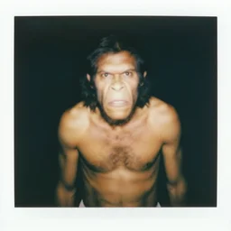 polaroid photograph of angry neanderthal, motion blur, depth of field