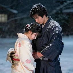 The Japanese ronin cuddled the kimono girl who bowed her head in the middle of the night, covered with snow.