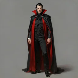a classical vampire, male, late - 4 0 s aged, long, slicked black hair, clean shaven, in red and black, regal, high fantasy, oil painting, realistic, full body shot, concept art.
