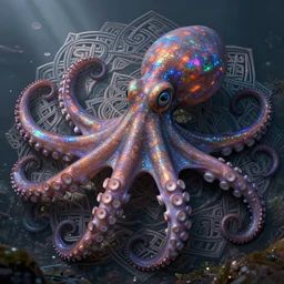 a dramatic and beautiful digital matte painting of large iridescent octopus with legs made of fractal celtic knots, trending on cgartist, hi-fructose, mandala