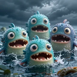 of a dark and stormy ocean with large strange cute friendly water creatures with big eyes, mouth and round teeth appearing from the water, in the style of Gehry, macro lens, shallow depth of field, highly detailed, digital painting, trending artstation, concept art, illustration, cinematic lighting, vibrant colors, photorealism, epic, octane render