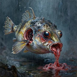 oil painting nightmare geared panulirus ornatus drinkin necrotized flesh rain via horrific yaw fuselage, cinematic, fine art, by jack gaughan, geof darrow