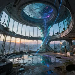 a beautiful ultradetailed highly detailed game room nature abandoned building urbex by moshe safdie, at dusk magic realism tundra fisheye made of glass water tokyo san andreas sunlight synthwave laser biopunk dieselpunk cosmic, archdaily, wallpaper, highly detailed, trending on artstation.