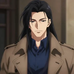 anime style portrait, trending on pixiv, handsome male vampire, focus on face, pretty, cinematic lighting, painterly, long black hair, dark blue shirt and light brown trenchcoat