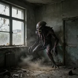 the corner of a room in an abandoned building, where a mutant creature lurks, dirty windows, debris, tentacle beast, dust, bleak apocalyptic style, creepypasta, ominous vibe, sharp fangs!!! mutant creature!!!