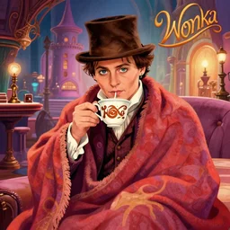 Johnny Depp is covered in a blanket and drinking tea in Willy Wonka's Chocolate Factory, Illustration, Colorful, by Lulu Chen