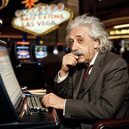 Still of Albert Camus enjoying his time with Albert Einstein in Las Vegas casino, 1945 type photography