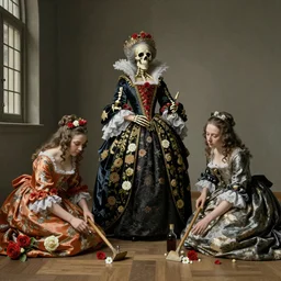 a skeleton Queen, France, wine, costumes, two sisters cleaning on the floor, red and white flowers, perfume, baroque, Dutch masters