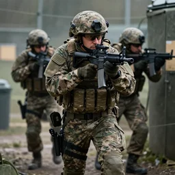 Portrait of a modern German Bundeswehr squad in full gear wearing Flecktarn sprinting firing at an enemy from cover, cinematic lighting, front lighting, 4k, award-winning, by Greg Rutkowski, combat, intense,