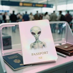 high fidelity film photographic alien study depicting passport control at an unknown vintage airport, travel documents, crowds, personal items. iridescent hard surface. pastel pink perspex. three point light. soft focus.