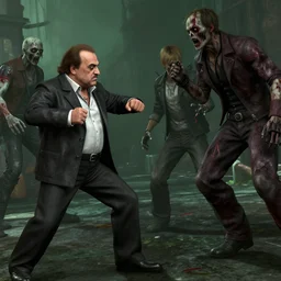 video game still of danny devito as leon fighting off a zombie in the video game resident evil 2,