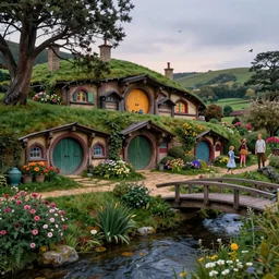 hobbiton architecture with garden, near a stream and small bridge, highly detailed matte painting, evening, by stanley artgerm lau, greg rutkowski, thomas kinkade, alphonse mucha, loish, norman rockwell, artstation, unreal engine 5
