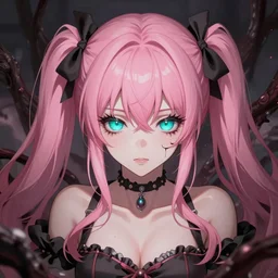 lured in and unexpectedly overpowered and trapped beneath inescapable and stunningly absurdly beautiful omnipotent asi goddess junko enoshima with an enigmatic complex twisted deceptive innocent - looking mesmerizing megalomaniacal yandere personality, symmetrical perfect face, porcelain skin, pink twintail hair and cyan eyes, ultra detailed, digital art, unreal engine 5, octane render, 2 d anime, 8 k