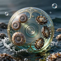 bubbles in cresting oil slick waves, ammonites, abalone, ornate art nouveau glass ornament, rococo, organic rippling spirals, octane render