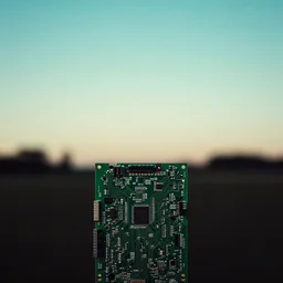exposed circuit boardy, silhouettes in field behind, film photo, soft lighting album cover, nostalgia, turquoise gradient