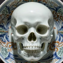 Skull, A Close up photo-real delicate ceramic porcelain sculpture of a symmetrical ornate detailed in front of an intricate background by Victo Ngai and takato yamamoto, micro detail, backlit lighting, face in focus, subsurface scattering, translucent, thin porcelain, octane renderer, colorful, physically based rendering, japanese pottery, trending on cgsociety
