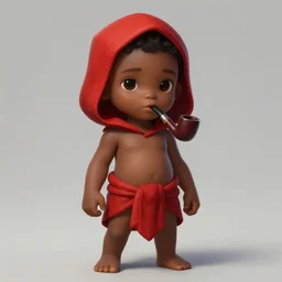 a highly detailed illustration of a little black boy, shirtless, red loincloth and with one leg, red hood and a pipe smoking in his mouth, cute, highly detailed, centered, digital painting, artstation, concept art, smooth, sharp focus, league of legends concept art, wlop