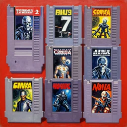 1 9 7 9 retro box art nes. commodore 6 4. terminator 2. contra. artgerm. coherent. keith parkinson. oil on canvas