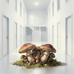 a rotten fungus mushroom clump in a bright white hallway with many doors and stairs, Mc Escher architecture, epic composition, by Makoto Shinkai