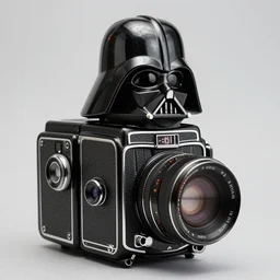 photograph of a Darth Vader inspired medium format TLR camera!!! . very detailed. plain background. 8K . still life photo. elegant vintage design.