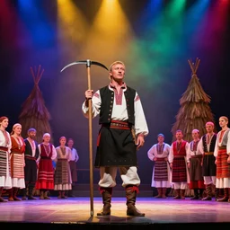 theatre stage, romanian man in traditional romanian clothing with scythe, people, traditional romanian clothing, heystack, concept art, dramatic lighting, beautiful, volumetric lighting, colorful, octane render