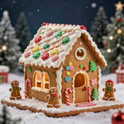 closeup of colorful miniature gingerbread house at night, gingerbread people, candy canes, forest, christmas, snow, bokeh, depth of field 1 0 0 mm, cinematic scene, studio quality, visually stunning, unreal engine, octane render