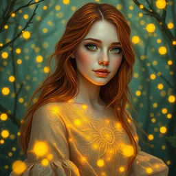 young woman surrounded by golden firefly lights in a mesmerizing scene, amidst nature fully covered by a intricate detailed dress, long loose red hair, precise linework, accurate green eyes, small nose with freckles, smooth oval shape face, empathic, bright smile, expressive emotions, hyper realistic ultrafine art by artemisia gentileschi, jessica rossier, boris vallejo