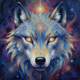 astral wolf mask oil painting of abstract surrealist forms by yvonne mcgillivray by mandy jurgens by michael divine, powerful eyes glowing highly detailed painting, spiritual abstract forms, symmetrical, trending on art station, abstract emotional, very beautiful, fantasy digital art, highly detailed patterned visionary art, magic symbols, by michael divine, cosmic nebula