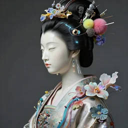 beautiful korean cyberpunk woman portrait with a smooth carved japanese porcelain skin, ivory profile face, futuristic haute couture draped in silk and electrical wire and alien flowers, glowwave, iris van herpin, headdress with technical objects, colorful puffballs, hyper detailed, ultra sharp, 8 k