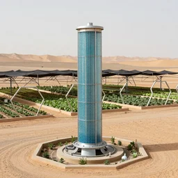 terraformation project, permaculture, torus shaped electrostatic water condensation collector tower, irrigation system in the background, vertical vegetable gardens under shadecloth and hexagonal frames,  in the middle of the desert, XF IQ4, 150MP, 50mm, F1.4, ISO 200, 1/160s, natural light
