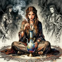 portrait, beautiful Stoner hippy girl, sitting in a druid circle, smoking a magical bong, gypsy, watercolor, dramatic lighting, cinematic, establishing shot, extremely high detail, foto realistic, cinematic lighting, pen and ink, intricate line drawings, by Yoshitaka Amano, Ruan Jia, Kentaro Miura, Artgerm, post processed, concept art, artstation, matte painting, style by eddie mendoza, raphael lacoste, alex ross