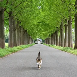 cat walking down a long tree lined avenue with a small cottage at the far end, it is night and the sky looks like van gogh starry night, style of dave mckean, illustration, collage
