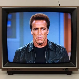 2 0 0 5 photo of a television showing a comedic ukrainian broadcast a - la 8 0 s style featuring terminator schwarzenegger, real