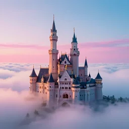 beatiful castle in the clouds, romantic, atmospheric, wide shot, vaporwave colors