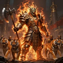 fantasy character portrait, orc king in spiky armor with a fiery aura, wearing a dragon mask, tiger cavalry, holding an axe, ultra realistic, wide angle, intricate details, highly detailed by peter mohrbacher, hajime sorayama, wayne barlowe, boris vallejo, aaron horkey, gaston bussiere, craig mullins