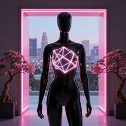 beautiful mannequin sculpted out of black glass by billelis + lit with 3 d geometric neon + city of los angeles in background!!!, a doorway opening with neon pink geometric light + flowering bonsai trees, transcendent, clean linework, hyper detailed, 4 k, trending on artstation, photorealistic, rule of thirds, volumetric lighting, octane render