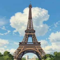 a view on eiffel tower with amazing clouds and blue sky, in the style of makoto shinkai anime and studio ghibli anime, colorful, romantic, 4 k resolution,