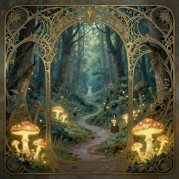 enchanted forest, intricate design, elegant, magical, art nouveau, baroque style, environment art, film still, glowing mushrooms, trails, art by art by artgerm and greg rutkowski and ruan jia and peter polach