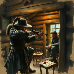 a painting of a medieval hunter aiming at a man with his rifle inside a log cabin by greg rutkowski, dark fantasy art, high detail, trending on artstation