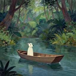 animal in a boat floating on a river in the jungle. digital drawing, wes anderson, oscar - claude monet, grickle, puzzle agent, amelie poulain, tim burton, tomm moore