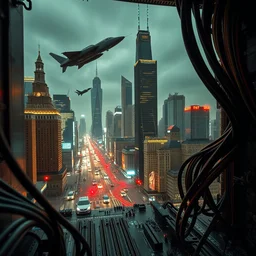 photo of a moscow city view from movie the fifth element 1 9 9 7, skyscrapers and flying cars, perspective plugged into a cpu socket with cables and wires on a motherboard. cyberpunk horror style. art by hr giger. highly detailed 8 k. intricate. award winning photography.