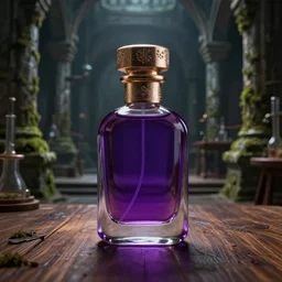 hyper realistic deadly poison bottle, purple liquid inside on a wood table. the bottle is design like a trendy perfume bottle. background is a dark ancient laboratory complex architecture mossy stone pilars. professional digital art, dnd style, ultra detailed, trending on artstation, concept art, octane render, unreal engine 5, 8 k rendering.