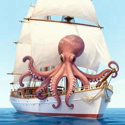 sailing ship with large octopus draped over it, digital art