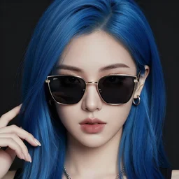 realistic high key portrait photo of a beautiful goth girl with asymmetrical blue hair and badass euro design sunglasses hiding a secret. by shin jeongho, nick silva and ilya kuvshinov, deviantart, detailed character design, 8 k resolution