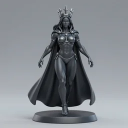 80mm resin detailed miniature of a Very Muscular Queen, black skin, long cloak, bikini-armor, iron crown, skinhead, on textured disc base, Company logo in upper left corner; Miniature product Photo, 4K, Full body
