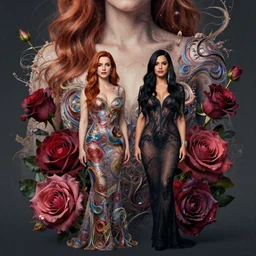 perfectly - centered!! looking at the camera!!! full body portrait of christina hendricks and demi lovato with roses, baroque style, roses, intricate abstract upper body intricate artwork, by tooth wu, wlop, beeple, dan mumford. concept art, octane render, deviantart, greg rutkowski, cinematic arthouse, key art, hyper realism, iridescent accents