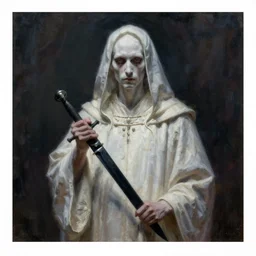 fantasy painting of a pale man dressed in robes with a black blade, painted by Zdzlaw Bekinski and Bayard Wu, ultra detailed, 8k