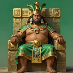 portrait of a beautiful aztec fat male warrior, snake helm, squared beard, rich cerimonial mantle, d & d character, sit on a decorated aztech stone throne, by greg rutkowski and alphonse mucha, hyperealistic, gradient green to gold, highly detailed portrait, digital painting, concept art, smooth, sharp focus illustration, artstation hq