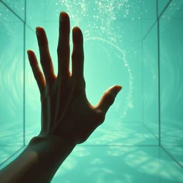 a room of glass, water caustics, the giant hand is inside, close up, euphoria, transcendence!!!!!!!!!, film still from the movie directed by denis villeneuve and david cronenberg with art direction by salvador dali and dr. seuss