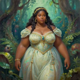 plump brown - skinned scifi princess of the lichen rainforest, wearing a lovely dress. this oil painting by the award - winning mangaka has an interesting color scheme, plenty of details and impeccable lighting.